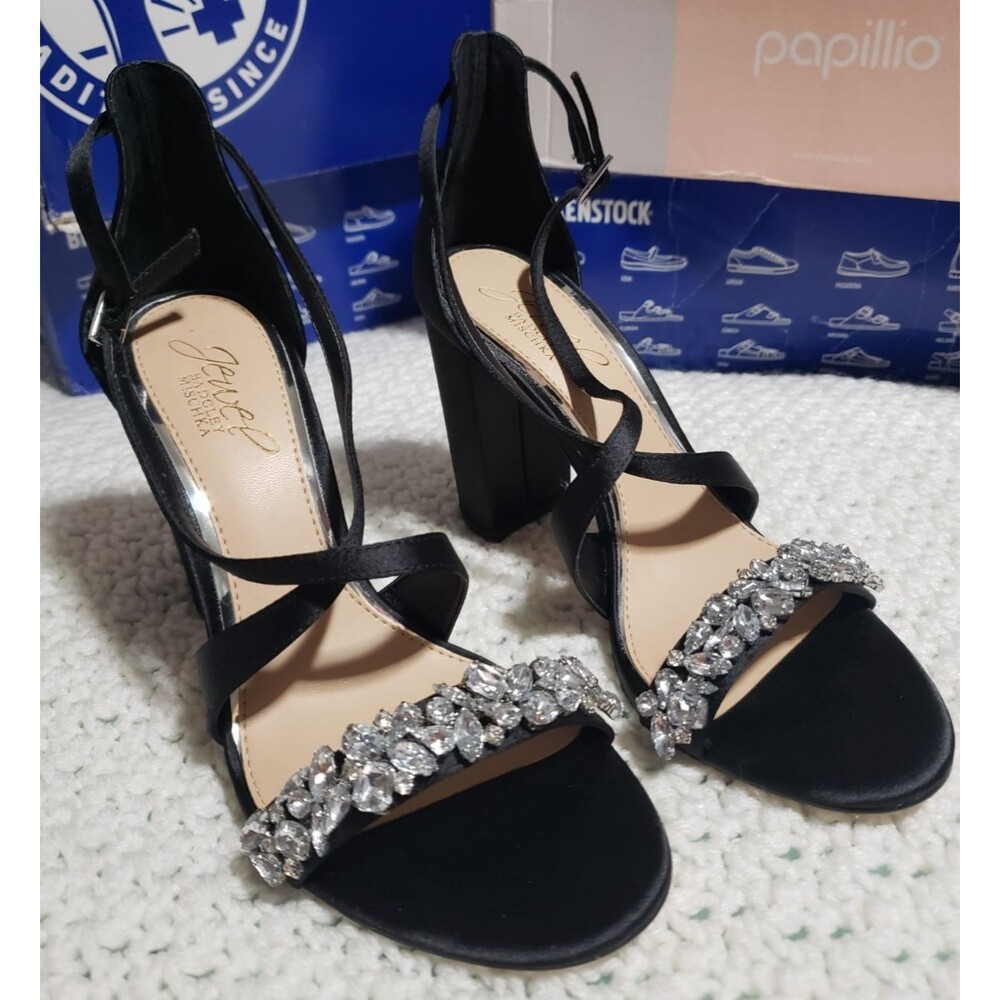 Badgley Mischka Black Satin Cross Strap Jeweled Bridal Block Heel Sandals Size 6